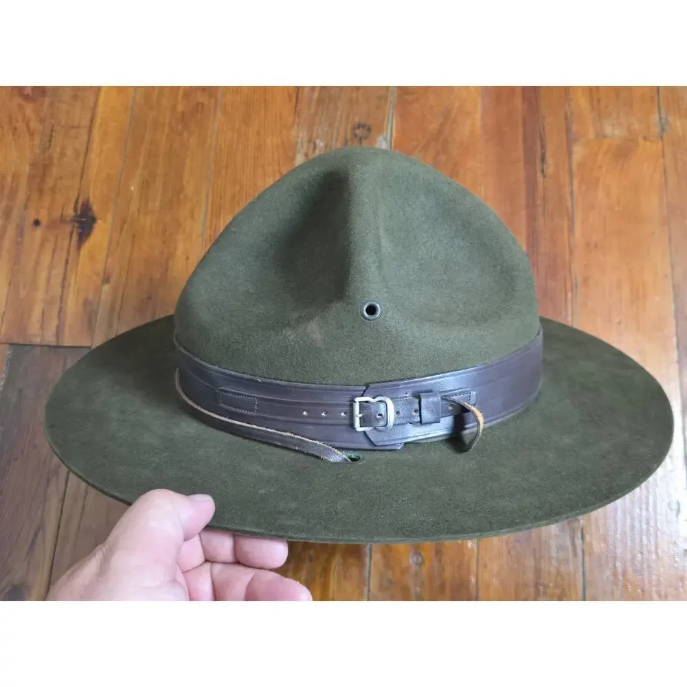 1970 Boy Scouts America BSA Campaign Hat 7 3/8 Drab Olive Champ Chin Strap
